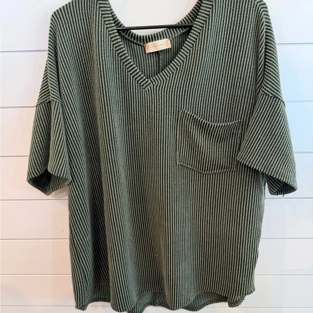 Altar'd State Green Striped V-Neck Top - Picture 1 of 4